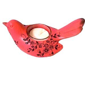 Bird Tea Light Candle Holder Pink with Black Floral Accents 3.5 x 6 x 3 inches